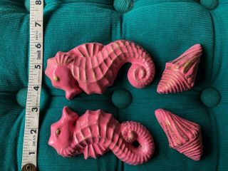 Vintage Chalkware Pink Seahorses With Tiny Conch Shells - Wall Decor