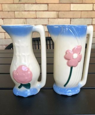 Vintage Pair (2) Ceramic Pottery Floral White Blue Pink Pitchers -