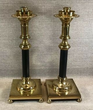 Vintage Pair Brass Candlesticks 15” W Black Handles Elevated