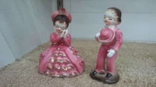 Vintage Pink Victorian Girl In Dress And Boy Figurines Set Of 2 Porcelain