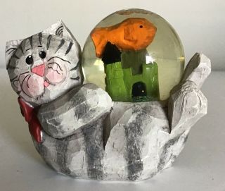 Midwest Of Cannon Falls Eddie Walker Tabby Cat & Fish Bowl Snow Globe Signed