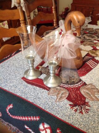 Vintage Pewter Candlesticks With Pretty Etched Glass Globes