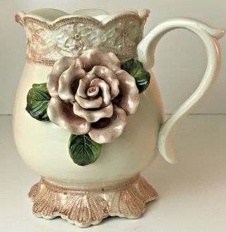 Kaldun & Bogle Hand Painted Ceramic Decorative Victorian Pitcher Pink 3 D Rose