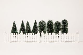 Department 56 Village Set Of 8 Frosted Topiary Trees,  2 Fence Sections