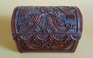 Hand Tooled Leather Domed Chest Jewelry Box.
