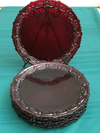 1876 Cape Cod Ruby Red Glass 10 3/4 " Dinner Plates,  Set Of 8,  Previously Owned