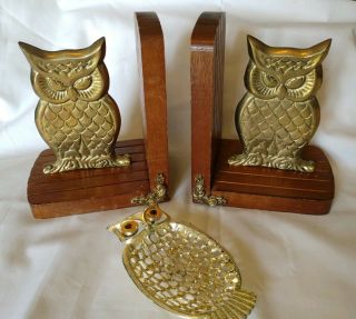 Vintage Owl Brass & Wood Bookends