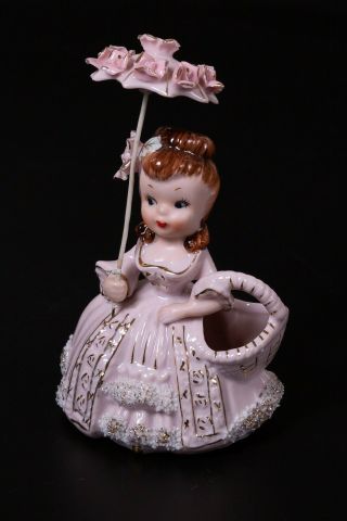 Vintage Ucagco Miniature Porcelain Girl Figurine With Basket Gold Spaghetti Trim