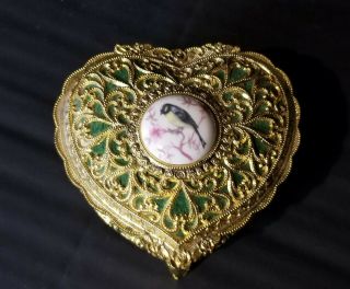 Vintage Heart Shaped Gold Metal Jewelry/trinket Box Made In Japan