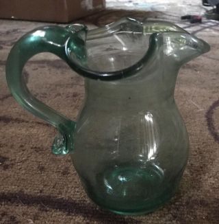 Vintage Small Fancy Hand Blown Green Art Glass Pitcher With Bubbles Clover Leaf