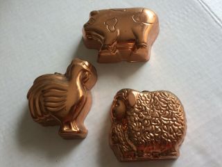 Vintage Set of 3 Avon Farmyard Friends Copper Molds Rooster Sheep Pig 3