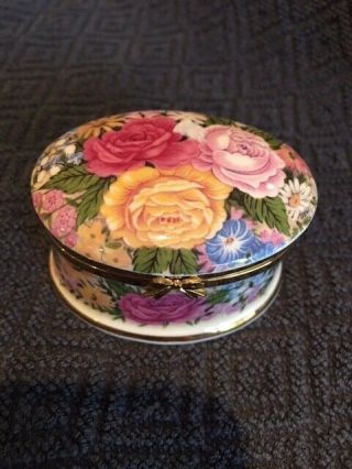 Vintage Ayshford Summer Garden Bone China Oval Trinket Pill Box Hinged Lid