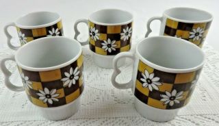 Set Of 5 Vintage Stackable Coffee Mugs / Cups Japan Brown Daisy Retro Design