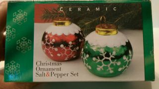 Ceramic Christmas Salt & Pepper Shakers,  Snow Topped Shiny Ornaments,  Red Green