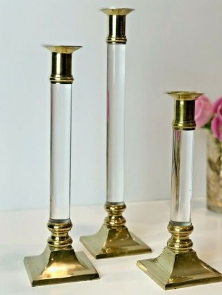 Set Of 3 Vintage Lucite And Brass Pillar Column Candle Holders