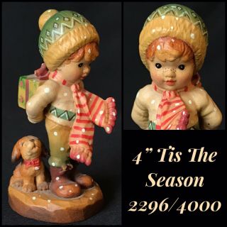Carved Wood Anri Sarah Kay Figurine - 4 " Tis The Season Christmas Boy With Gift
