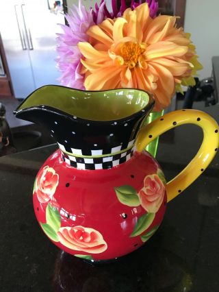 Joyce Shelton “tea Party” Large Pitcher,  Red With Flowers And Dots Hand Painted