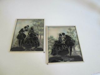 2 Vtg Reverse Painted Bubble Silhouette Victorian Couple Pictures Convex