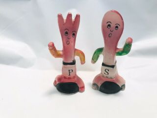 Vintage Mini Anthropomorphic Pink Fork & Spoon Salt & Pepper Shaker Set Japan