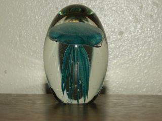 Dynasty Gallery 1951 Teal Jellyfish Glow In The Dark Glass Paperweight Egg Shape