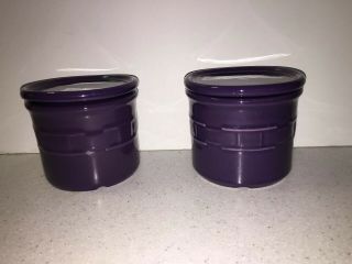 Set 2 Longaberger Pottery Woven Traditions Salt Candle Crock Lid Eggplant Purple