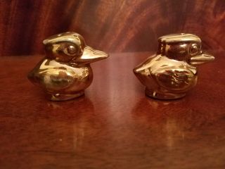 Miniature Vintage Gold Porcelain Duck Salt & Pepper Shakers Cork Stoppers Japan