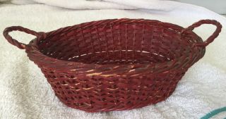 Vintage Primitive Red Paint Oval Wicker Basket Handles Christmas 8x6in Farmhouse
