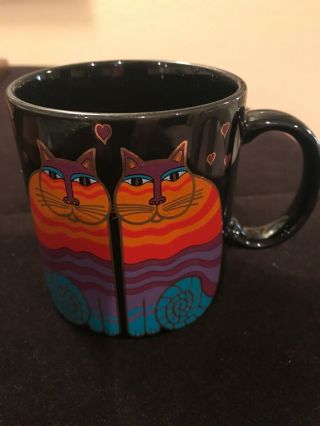 Laurel Burch Rainbow Cats Coffee Mug Multi Color Gold Heart Black Ceramic