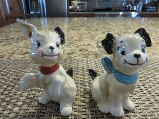 Vintage White Dogs With Black Ears And Tails Salt & Pepper Shakers