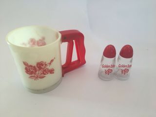 Vintage Red & White Flour Sifter Golden Dawn Salt And Pepper Shakers Roses