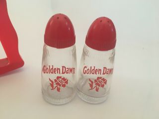 VINTAGE RED & WHITE FLOUR SIFTER GOLDEN DAWN SALT AND PEPPER SHAKERS ROSES 2