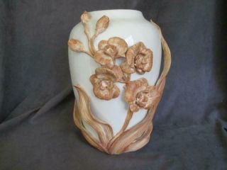 Fitz And Floyd Large 12” Tall Ivory Vase With Applied Bisque Orchids Kks