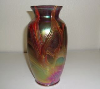 Iridescent Purple Pink Green Yellow Swirl Art Glass 9 " Vase