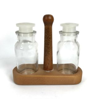 Vintage Glass Salt & Pepper Shakers In Wood Stand T.  C.  W.  Co.  51 & 11 - 4 " Tall