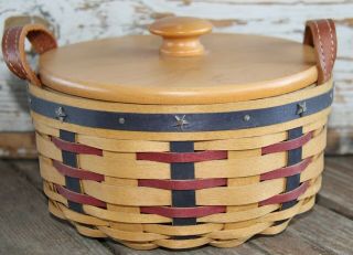 Longaberger Button Basket With Lid,  Liner,  And Plastic Protector 2003