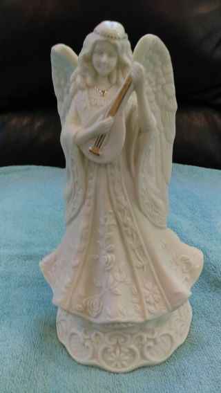 Musical Angel Figurine White Ceramic Playing Mandolin A Christmas Song