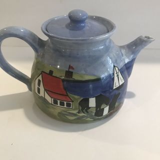 Dober Foxcroft Main Shard Pottery Saleboats Houses Tea Pot Hand Painted Blue