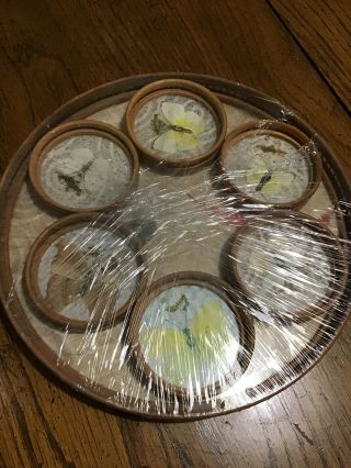 Vintage Bamboo Butterfly Serving Tray And Six Coasters Barware Home Decor