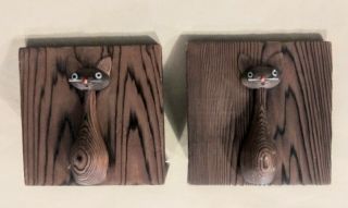 Vintage Mid - Century Modern Metal & Wood Wooden Cat Bookends
