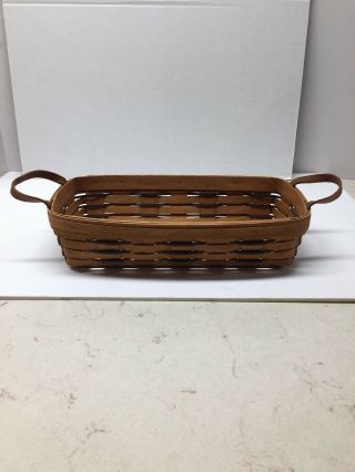 Longaberger Basket With Green Trim And Leather Handles 15” Wide 8” Deep