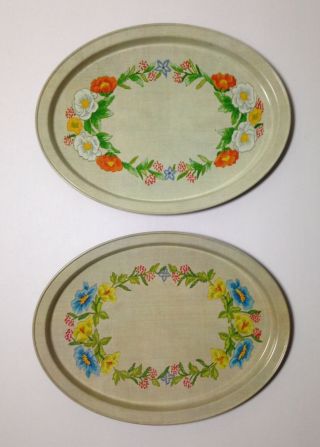 Vintage Oval Metal Tin Serving Trays Floral Flower Cross Stitch Pattern