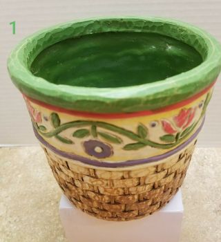 Jim Shore (2) Two Medium Planters 5.  5 Inches Basket Weave Floral Green Interior