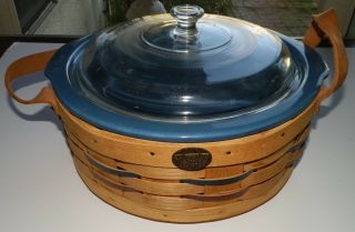 Peterboro Leather Handled Lazy Susan Basket With Green Stoneware Casserole & Lid