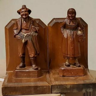 Vintage Set Of Carved Wooden Old Country Man & Woman Bookends Folk Art Book End