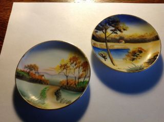 Vintage Mini Decorative Plates Hand Painted Japan Signed Hitomi 4 " Two Plates