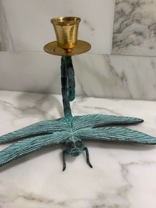 Vintage Andrea By Sadek Green Brass Dragonfly Candle Holders EUC 2