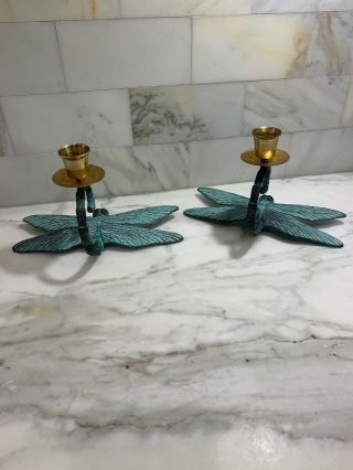 Vintage Andrea By Sadek Green Brass Dragonfly Candle Holders EUC 3
