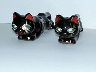 Vintage Cat Black Panther Salt & Pepper Shakers Japan Cute Clear Stone Eyes