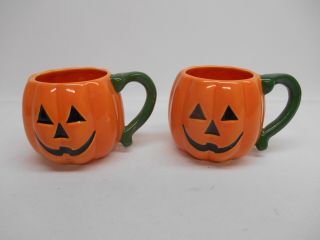 Old Vtg Halloween Pumpkin Coffee Cup Mug Set 2 Jack - O - Lantern Decor Spooky