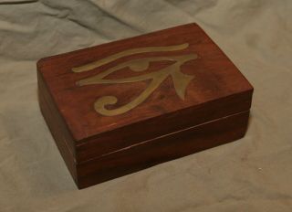 Vintage Wood Box With Hieroglyph Brass Inlay Design On Top Egypt Souvenir?